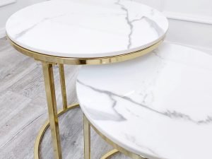 Milan Nest of 2 Tall Gold End Tables with Polar White Sintered Stone Tops